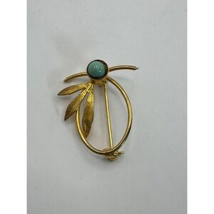 Vintage Mid Century Modern Gold Tone Leaf Brooch with Turquoise Cabochon